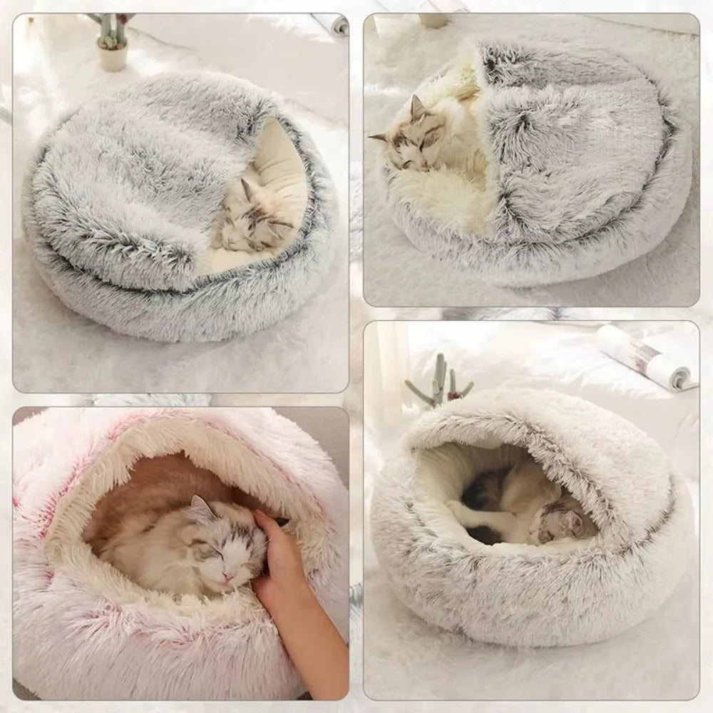 Cat Bed Semi Enclosed Pet Sleep Bags Long Round Soft Plush Cat Cushion 2 in 1 Sleeping Nest Cave Soft Plush Pet Bed for Dogs