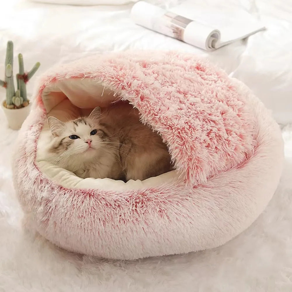 Cat Bed Semi Enclosed Pet Sleep Bags Long Round Soft Plush Cat Cushion 2 in 1 Sleeping Nest Cave Soft Plush Pet Bed for Dogs