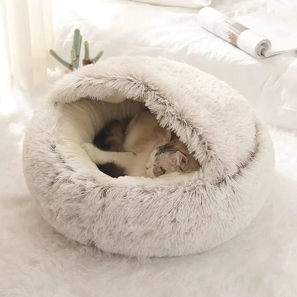 Cat Bed Semi Enclosed Pet Sleep Bags Long Round Soft Plush Cat Cushion 2 in 1 Sleeping Nest Cave Soft Plush Pet Bed for Dogs