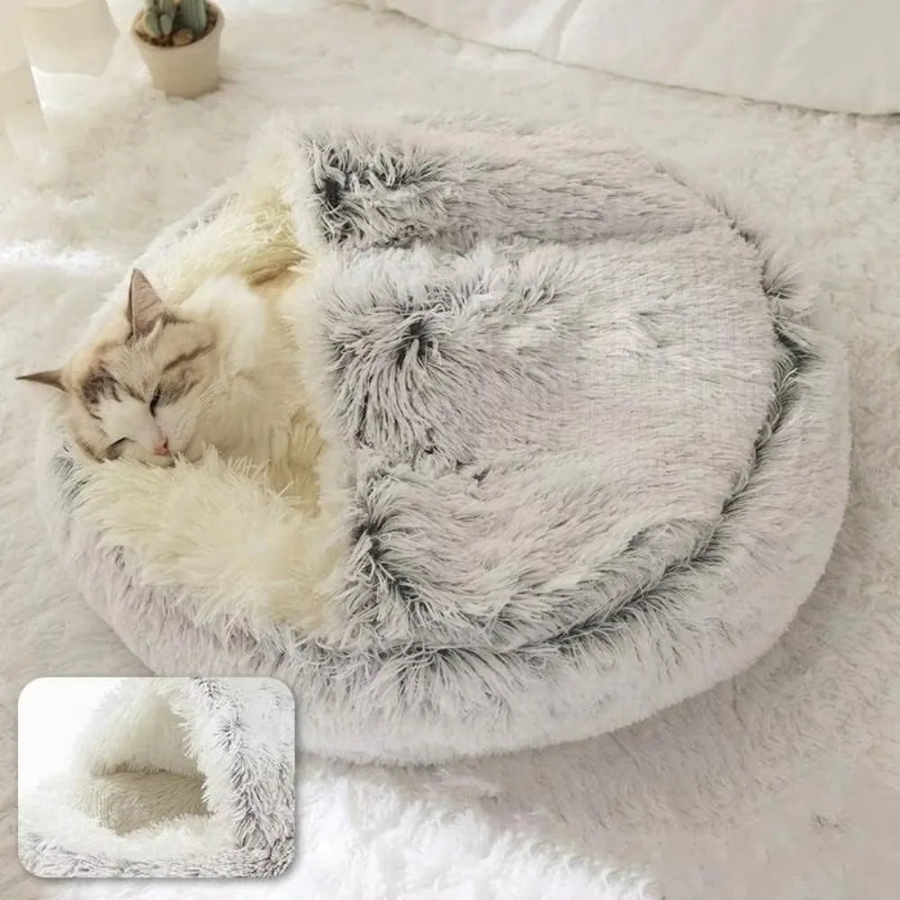 Cat Bed Semi Enclosed Pet Sleep Bags Long Round Soft Plush Cat Cushion 2 in 1 Sleeping Nest Cave Soft Plush Pet Bed for Dogs